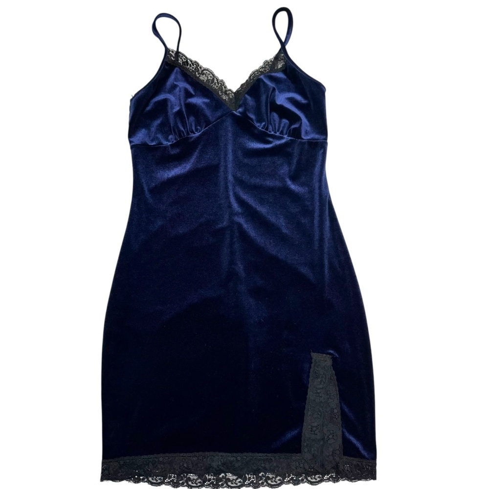 Mistyrose Velvet Babydoll Slip Dress Lace Trim Size L Blue Romantic Coquette